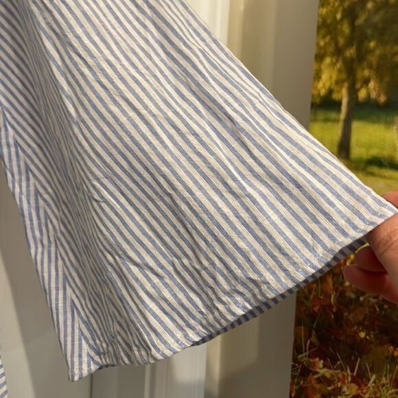 Zara Light Blue & White Striped Asymmetrical Hem Bell Sleeve Top with drawstring - Picture 2 of 7